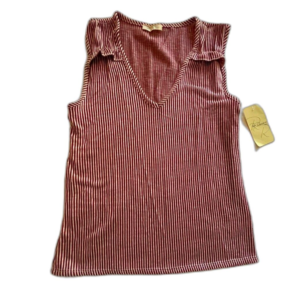 NEW RAE REPUBLIC Womens Top Shirt, Sleeveless, Red White Stripe, V-Neck, Size PS